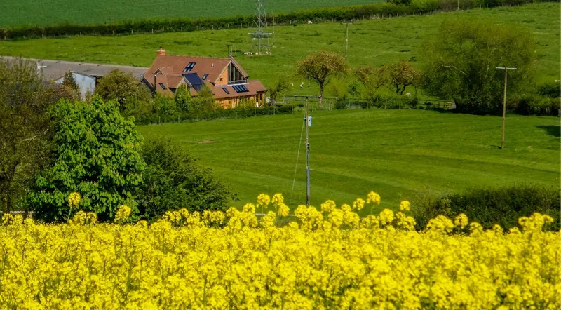 A bright yellow rapeseed field in front of a Cotswolds farmhouse in spring